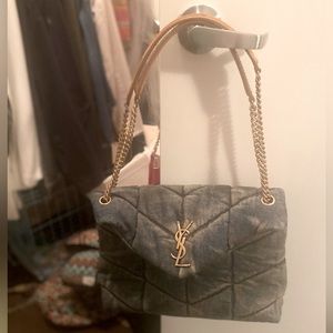 YSL Puffer Medium Chain Bag in Quilted Vintage Denim and Suede